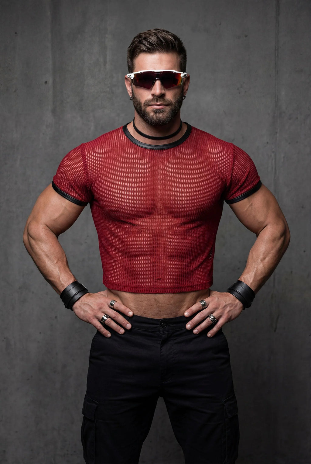 Piel Suni Deri Detaylı Transparan File Erkek Crop Top