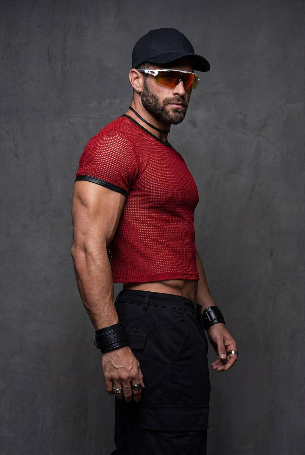 Piel Suni Deri Detaylı Transparan File Erkek Crop Top