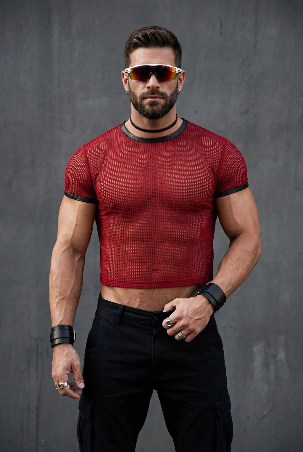 Piel Suni Deri Detaylı Transparan File Erkek Crop Top