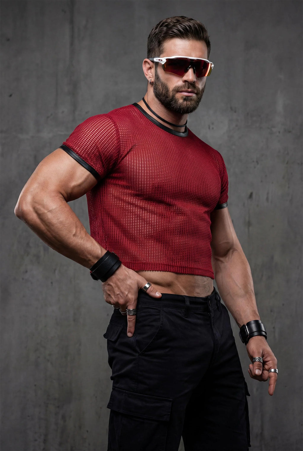 Piel Suni Deri Detaylı Transparan File Erkek Crop Top