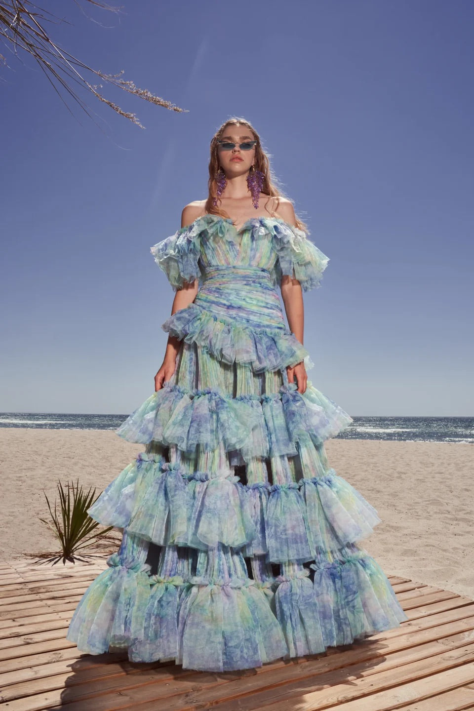 Haleia Kat Kat Volanlı Çiçek Desenli Uzun Elbise