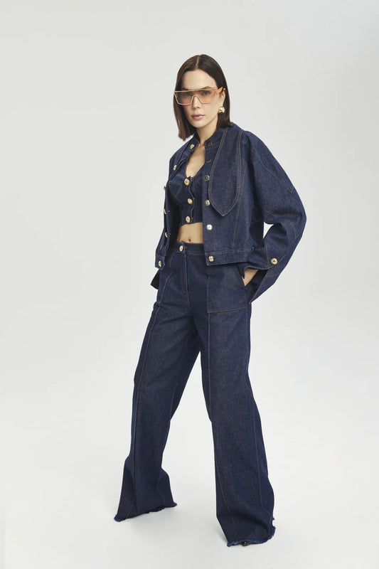 Kontrast Dikiş Detaylı Geniş Paça Denim Pantolon