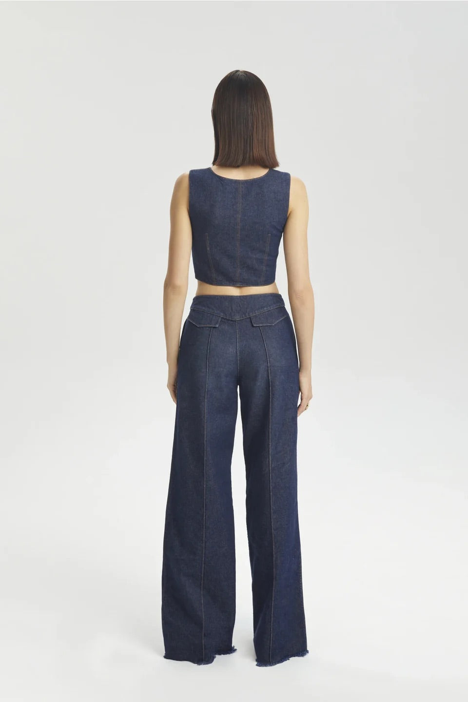 Kontrast Dikiş Detaylı Geniş Paça Denim Pantolon