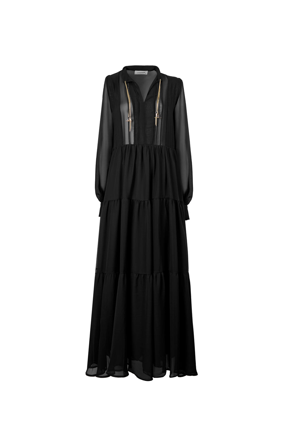 Şifon Uzun Kollu Volanlı Maxi Elbise