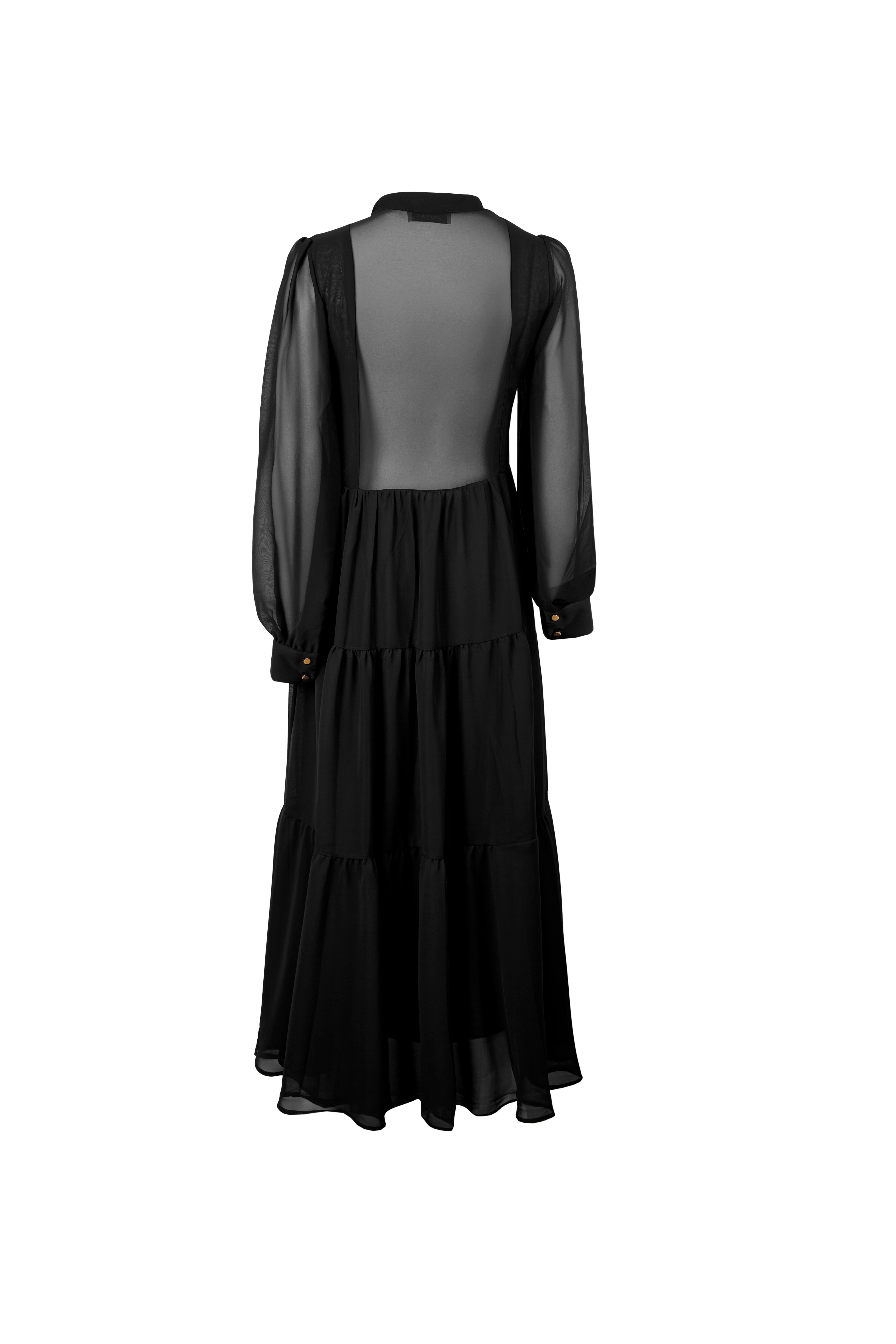 Şifon Uzun Kollu Volanlı Maxi Elbise