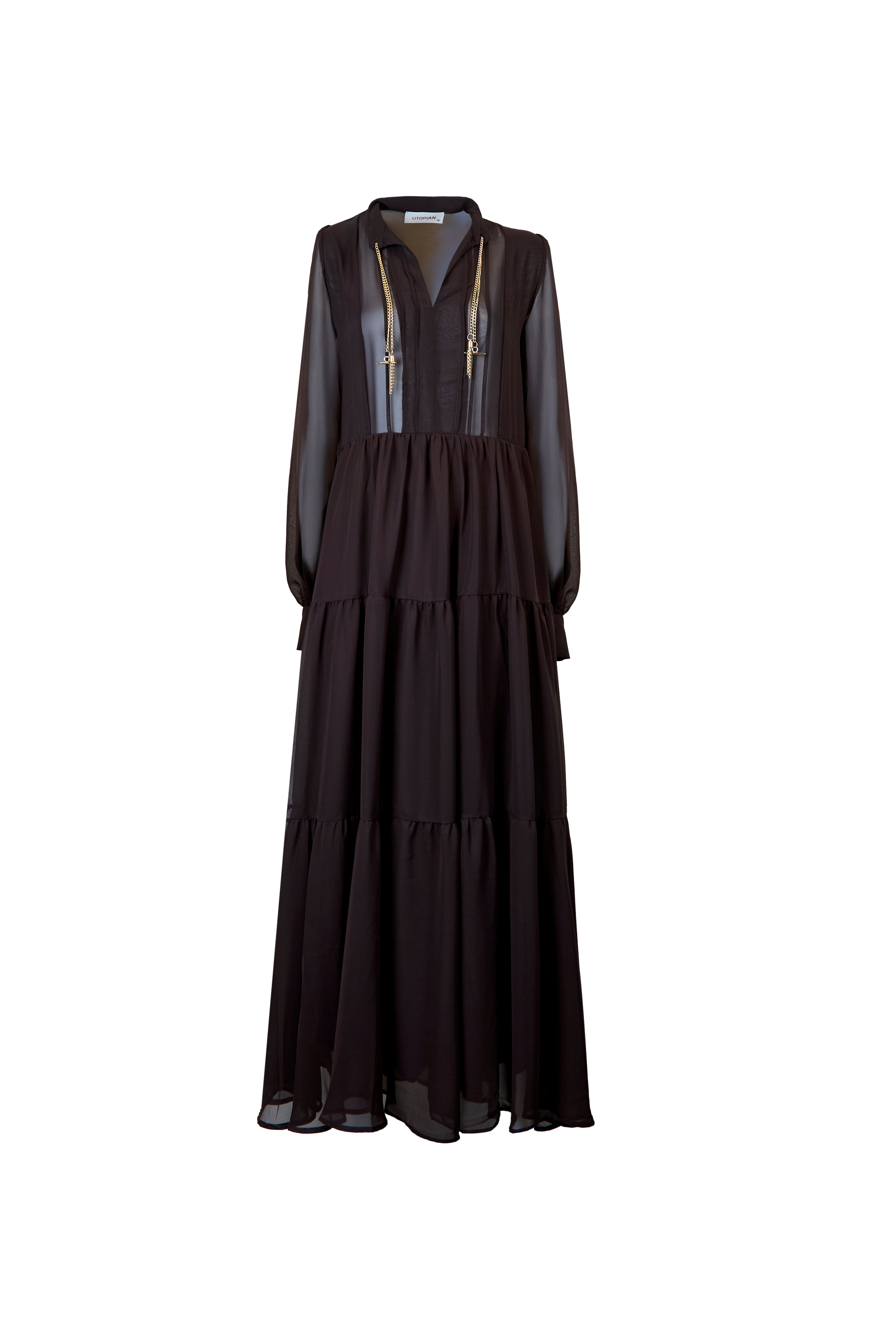 Şifon Uzun Kollu Volanlı Maxi Elbise