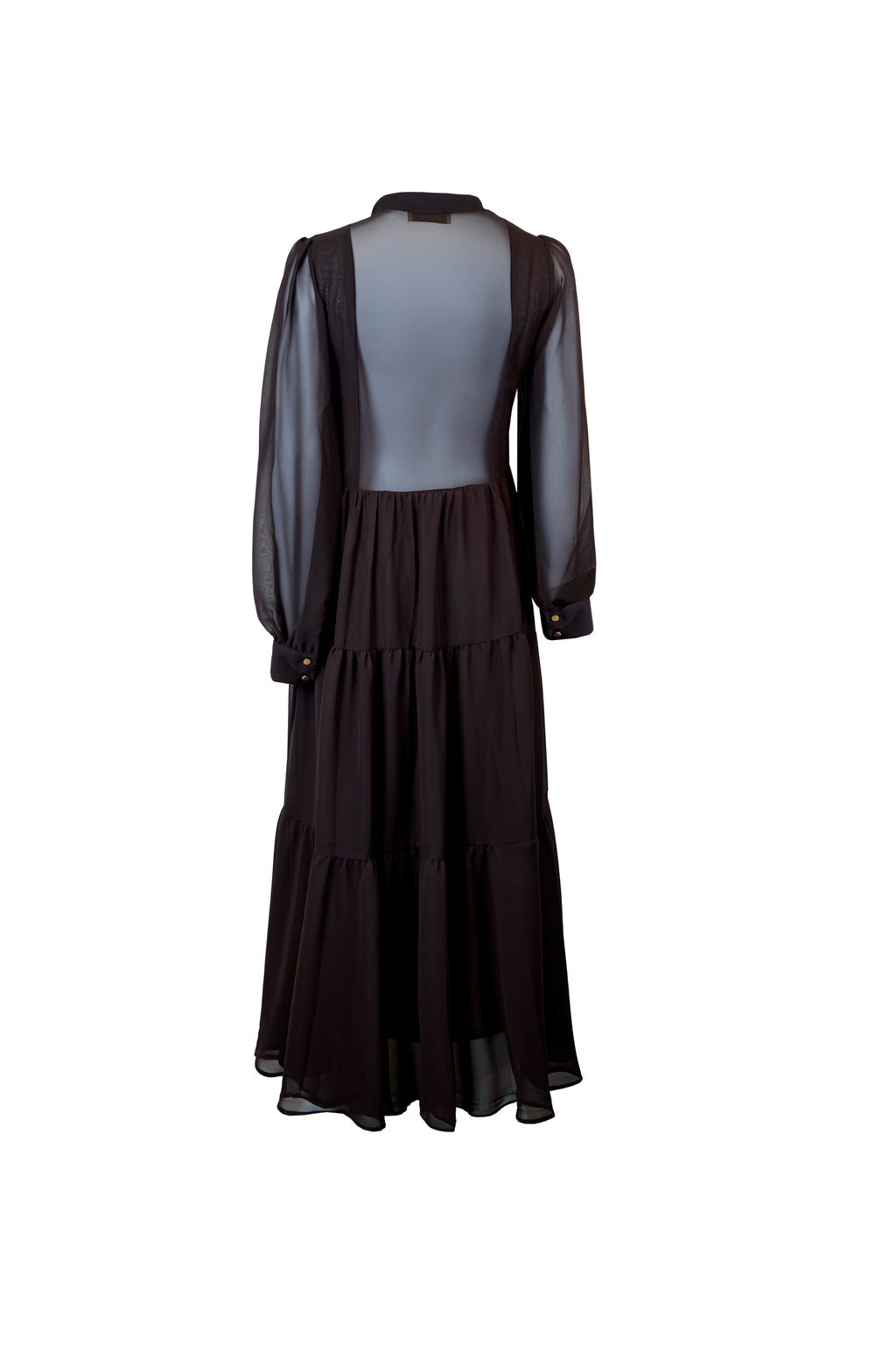 Şifon Uzun Kollu Volanlı Maxi Elbise