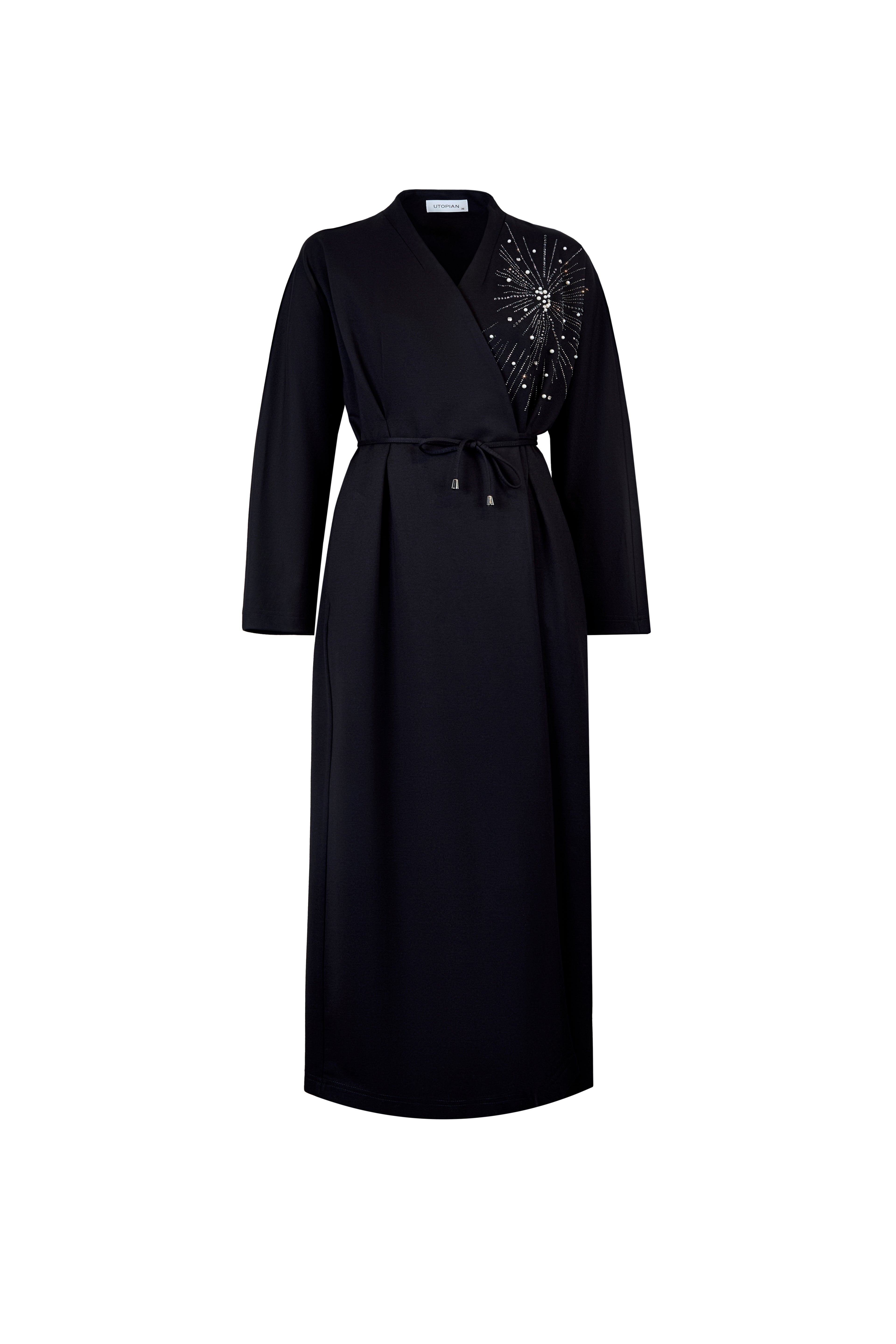 Uzun Kollu Anvelop Nakış Detaylı Uzun Elbise