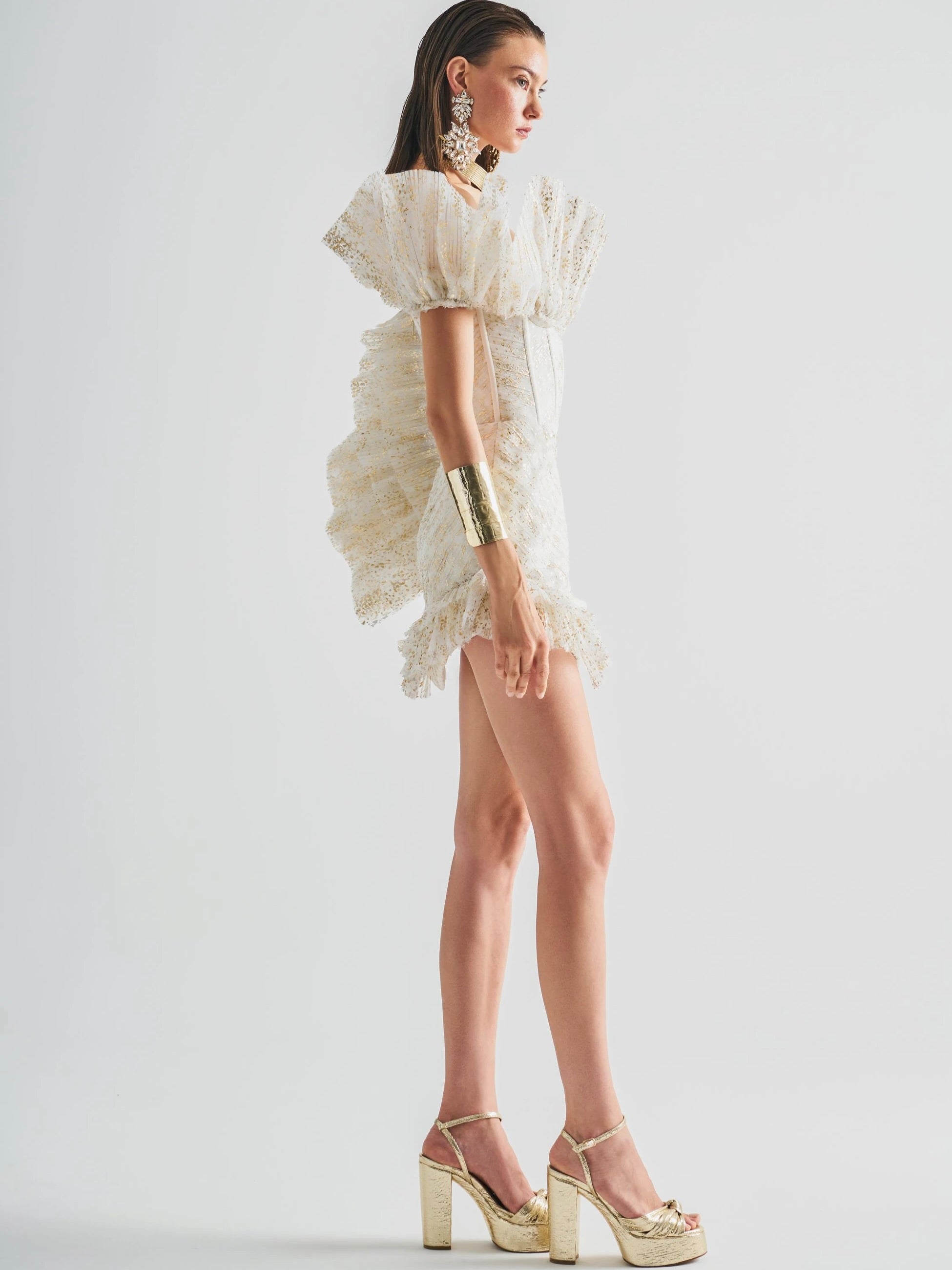 Haleia Gold Glitter One Shoulder Mini Elbise