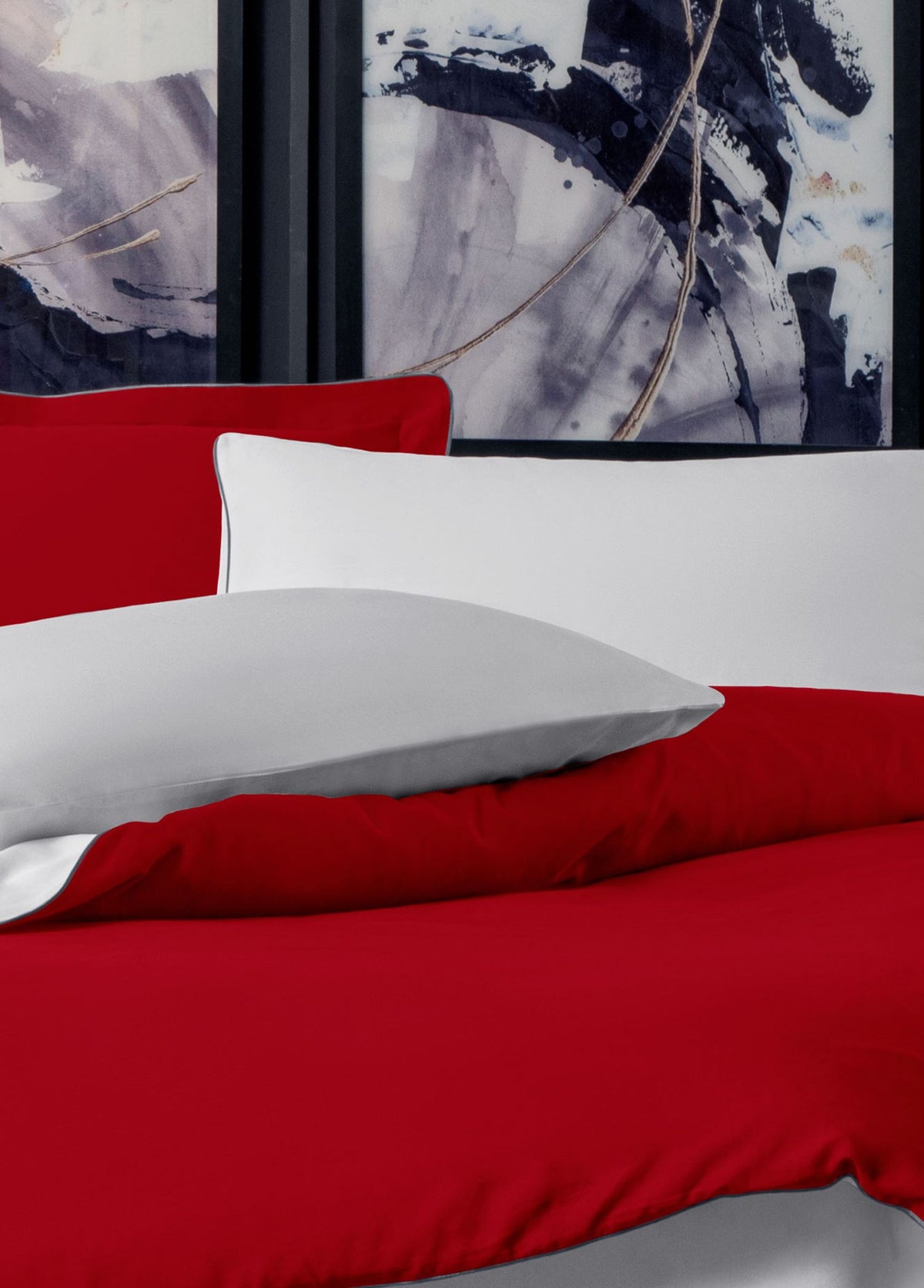 Hayra Gri Biyeli Kırmızı Pamuk Saten 2'li Oxford Yastık Kılıfı 50 × 70+5 cm - görsel 2