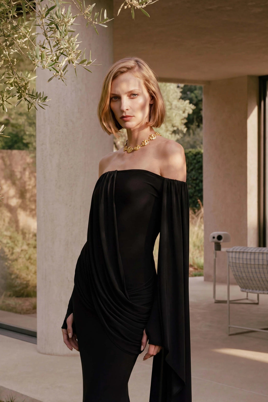 Gaia n Uranos One Shoulder Cape Detail Strapless Long Dress