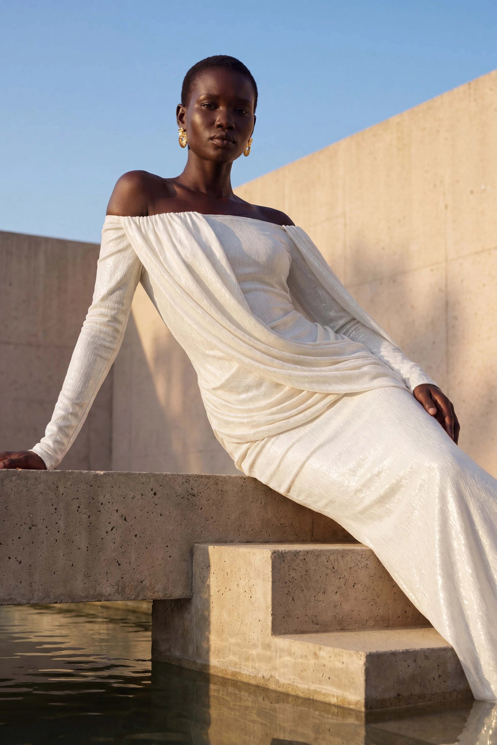 Gaia n Uranos One Shoulder Cape Detail Strapless Long Dress