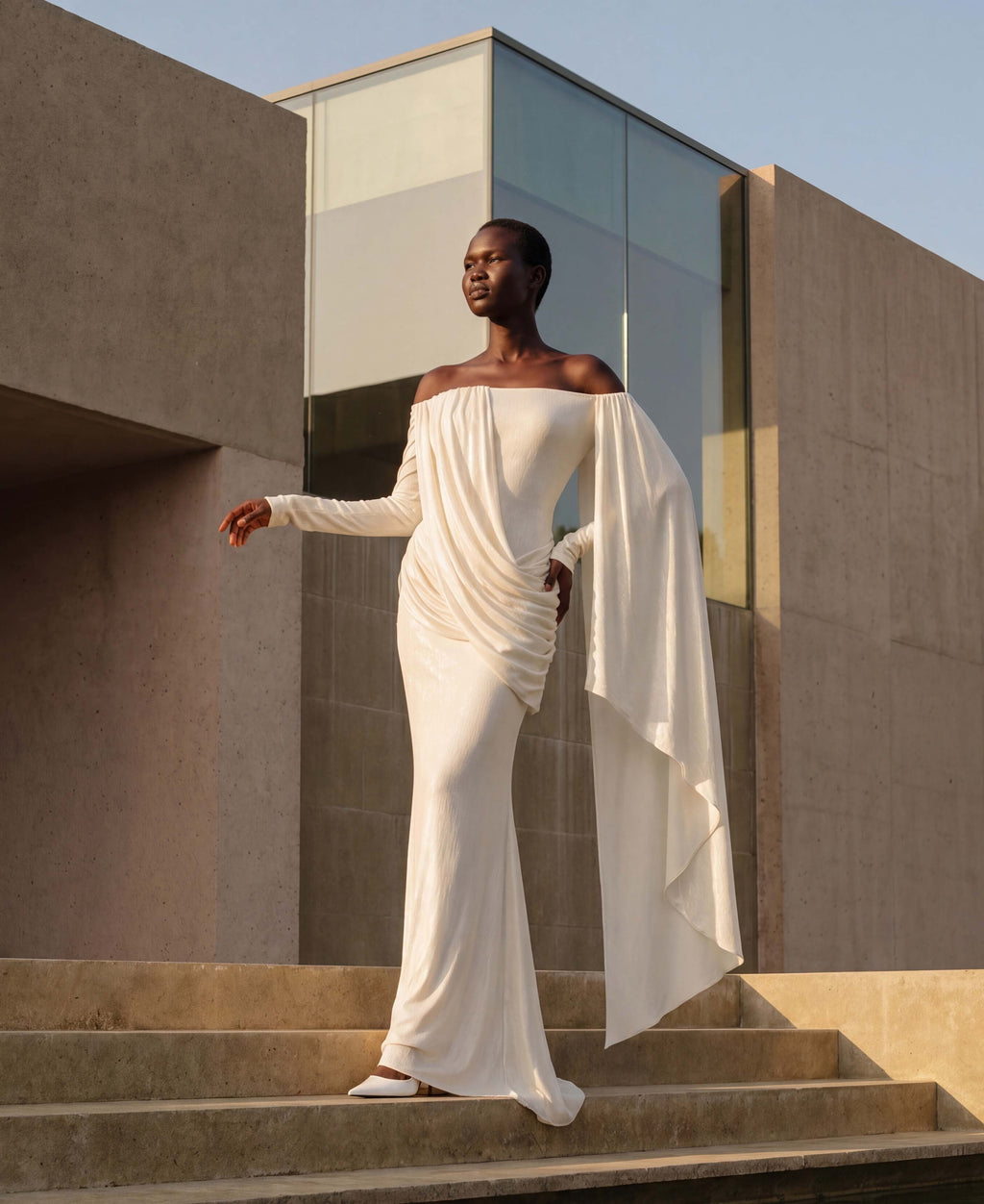 Gaia n Uranos One Shoulder Cape Detail Strapless Long Dress