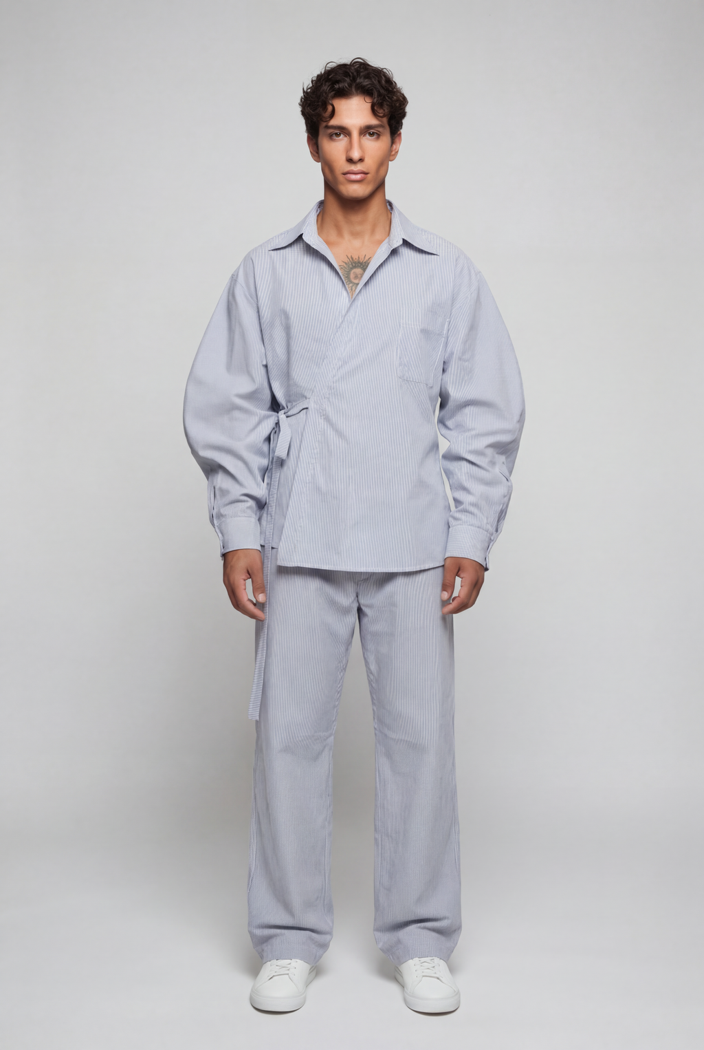 Tiny Asymmetric Cut Striped Tie-Down Shirt 