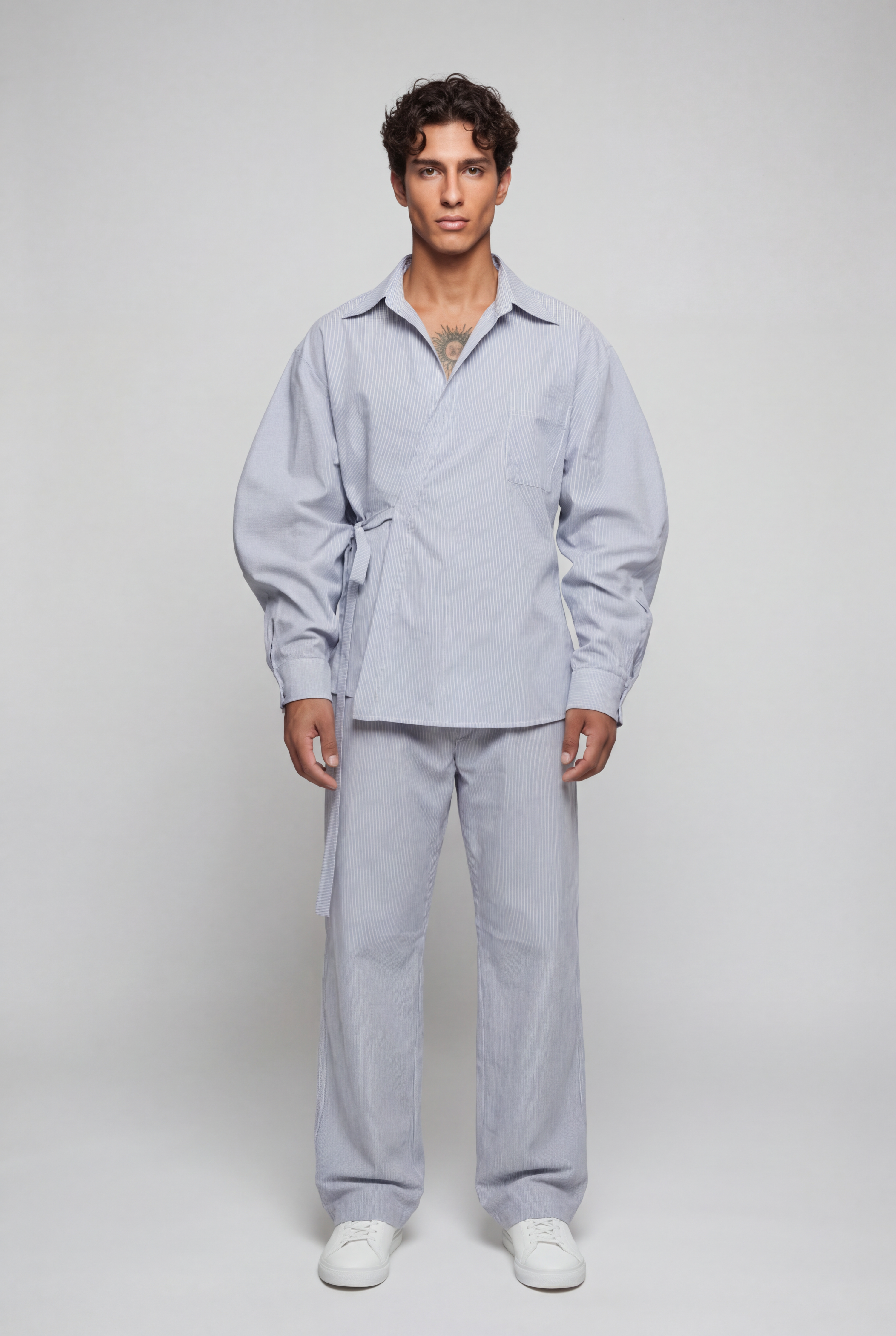 Tiny Asymmetric Cut Striped Tie-Down Shirt 