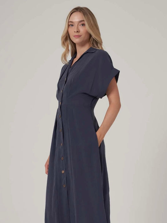 Düğmeli Kısa Kollu Cepli Tencel Midi Elbis