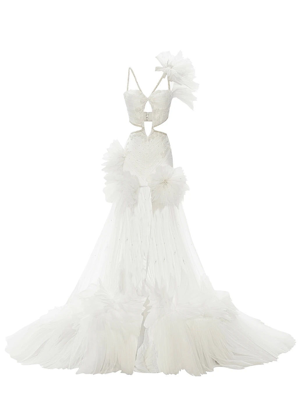 Haleia 3D Çiçek Detaylı Asimetrik Tül Gelinlik