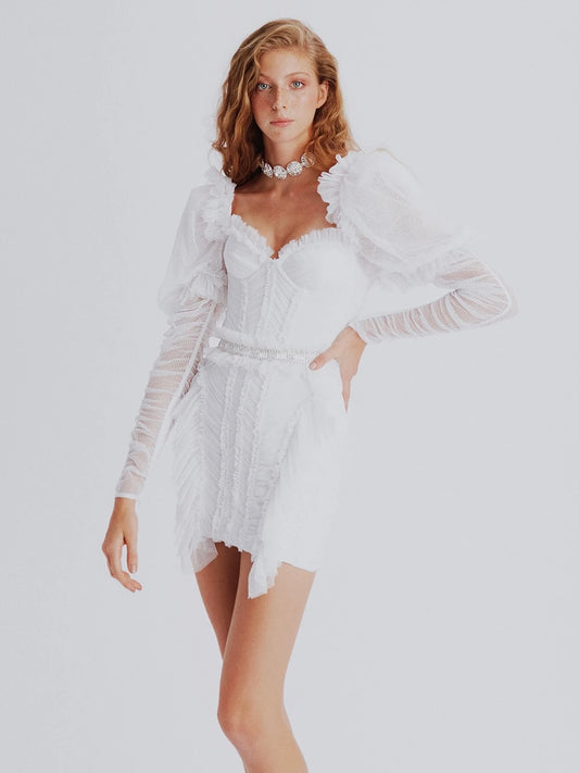Haleia Puff Sleeve Draped Beyaz Mini Elbise