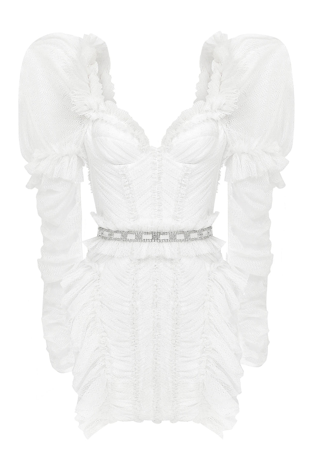 Haleia Puff Sleeve Draped Beyaz Mini Elbise