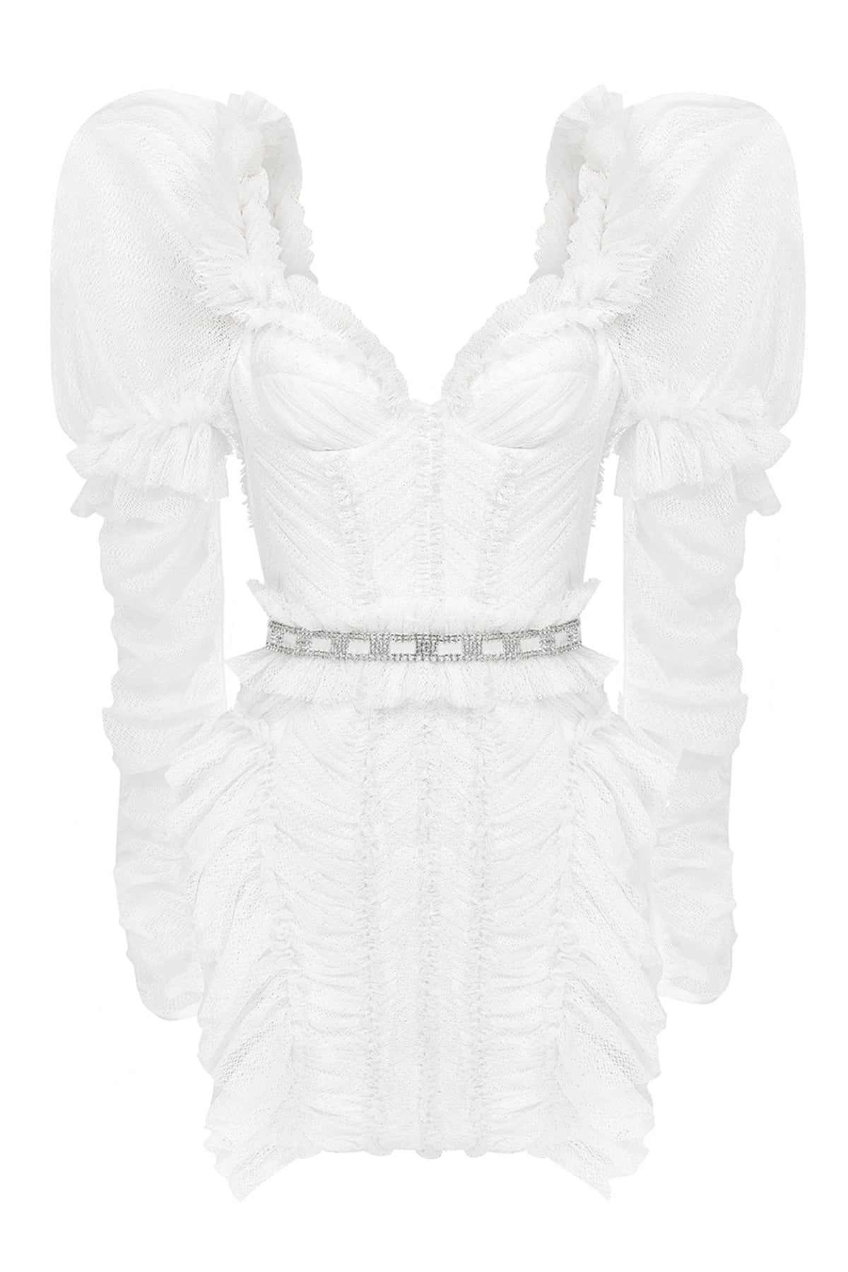 Haleia Puff Sleeve Draped Beyaz Mini Elbise