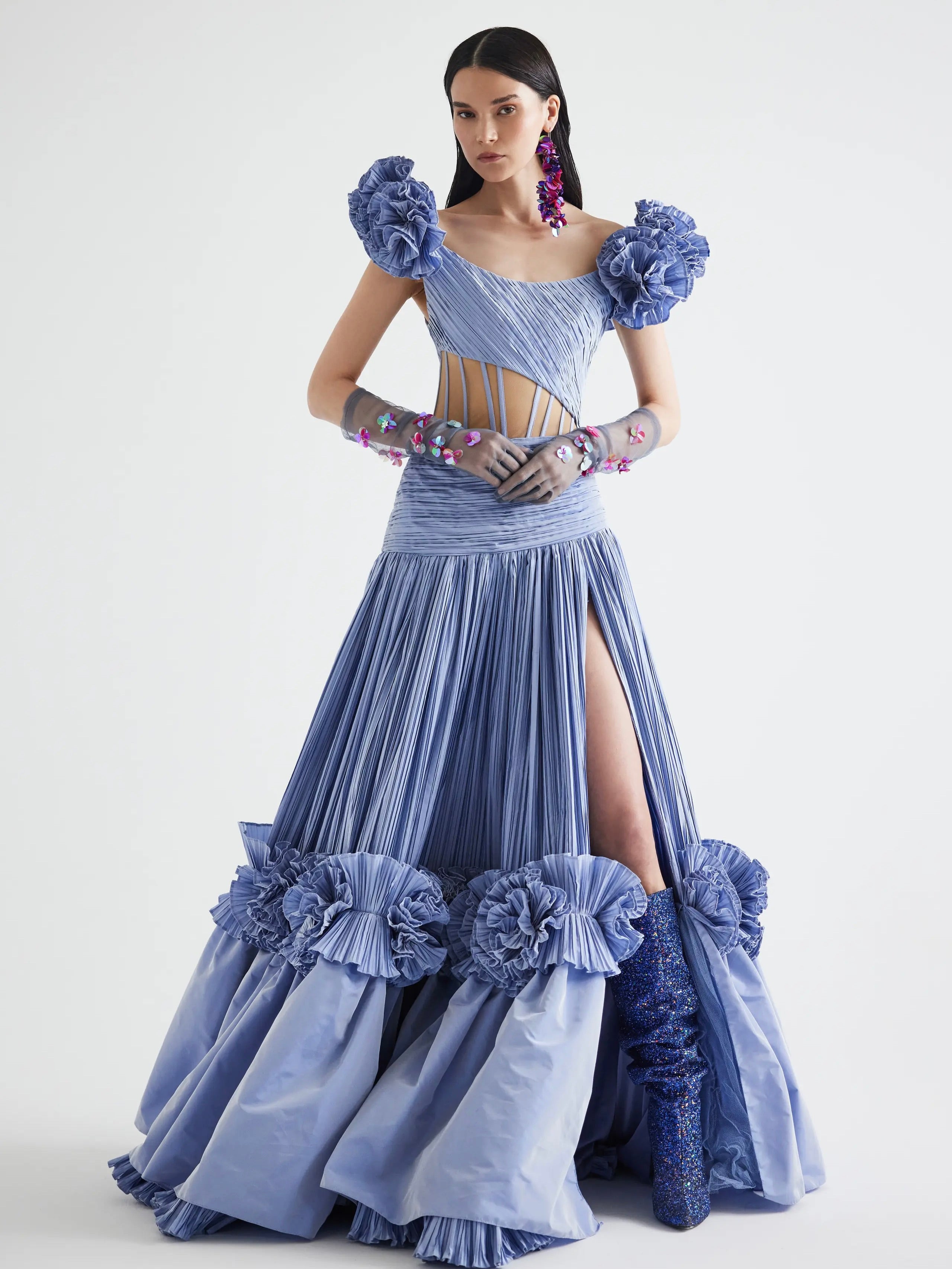 Haleia Drapeli ve Volan Detaylı Mavi Maxi Elbise