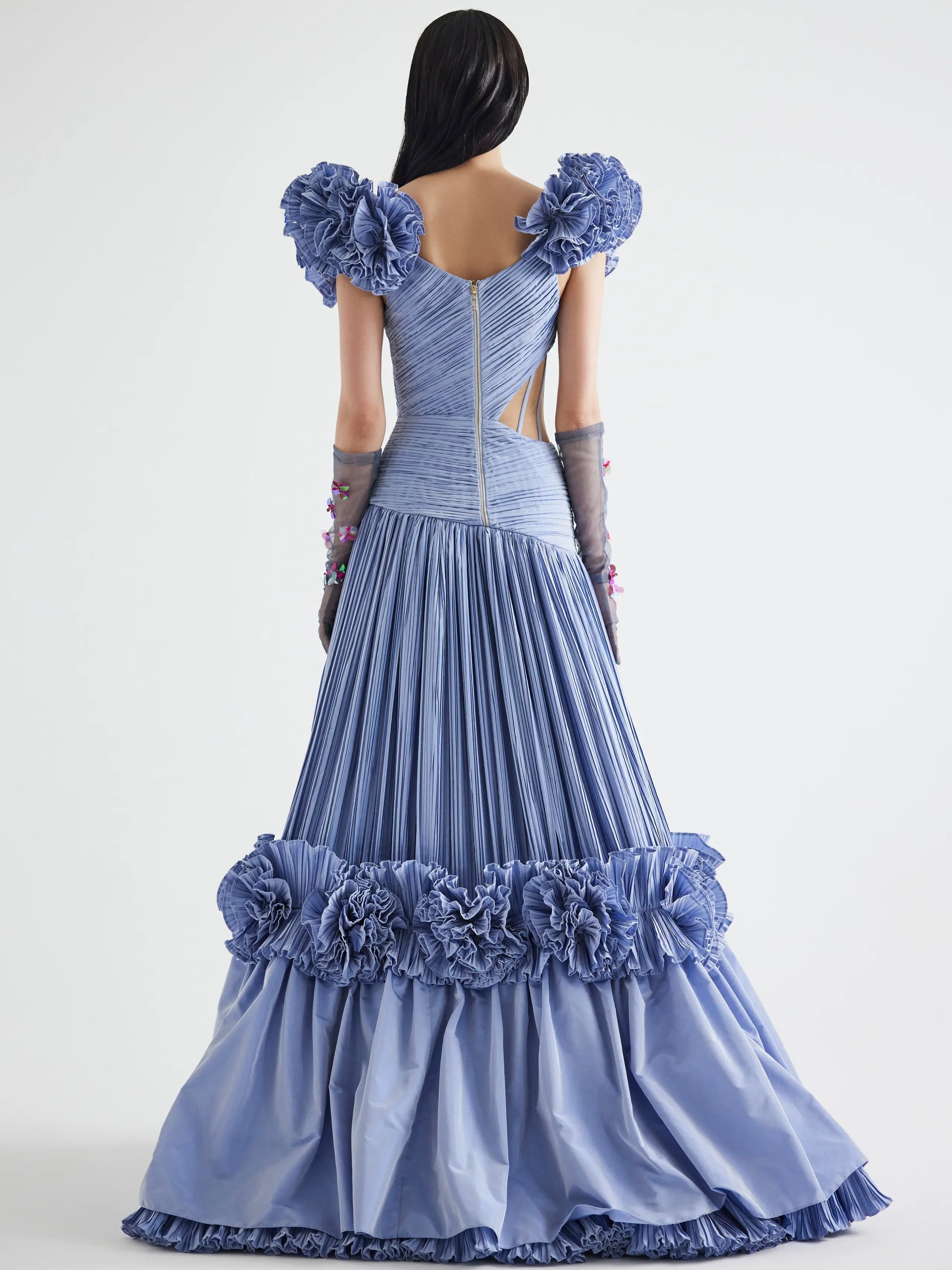 Haleia Drapeli ve Volan Detaylı Mavi Maxi Elbise