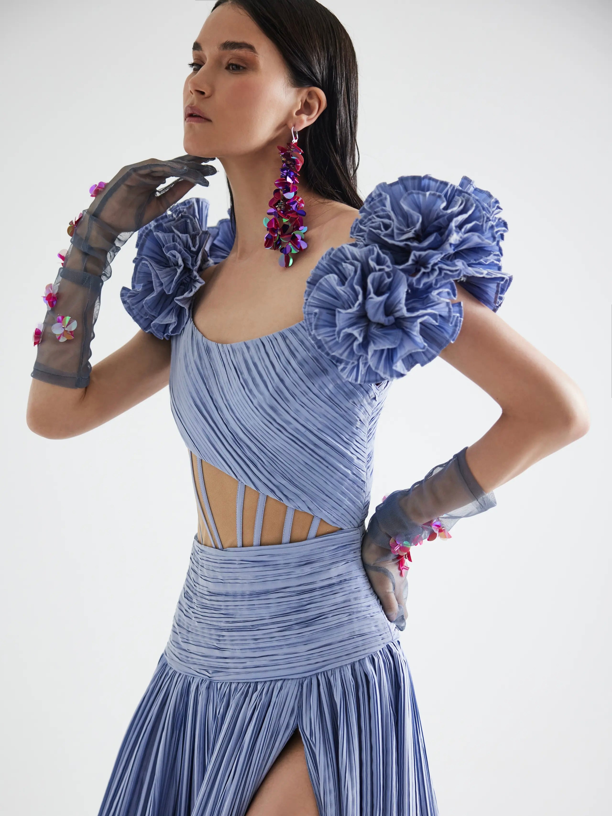 Haleia Drapeli ve Volan Detaylı Mavi Maxi Elbise