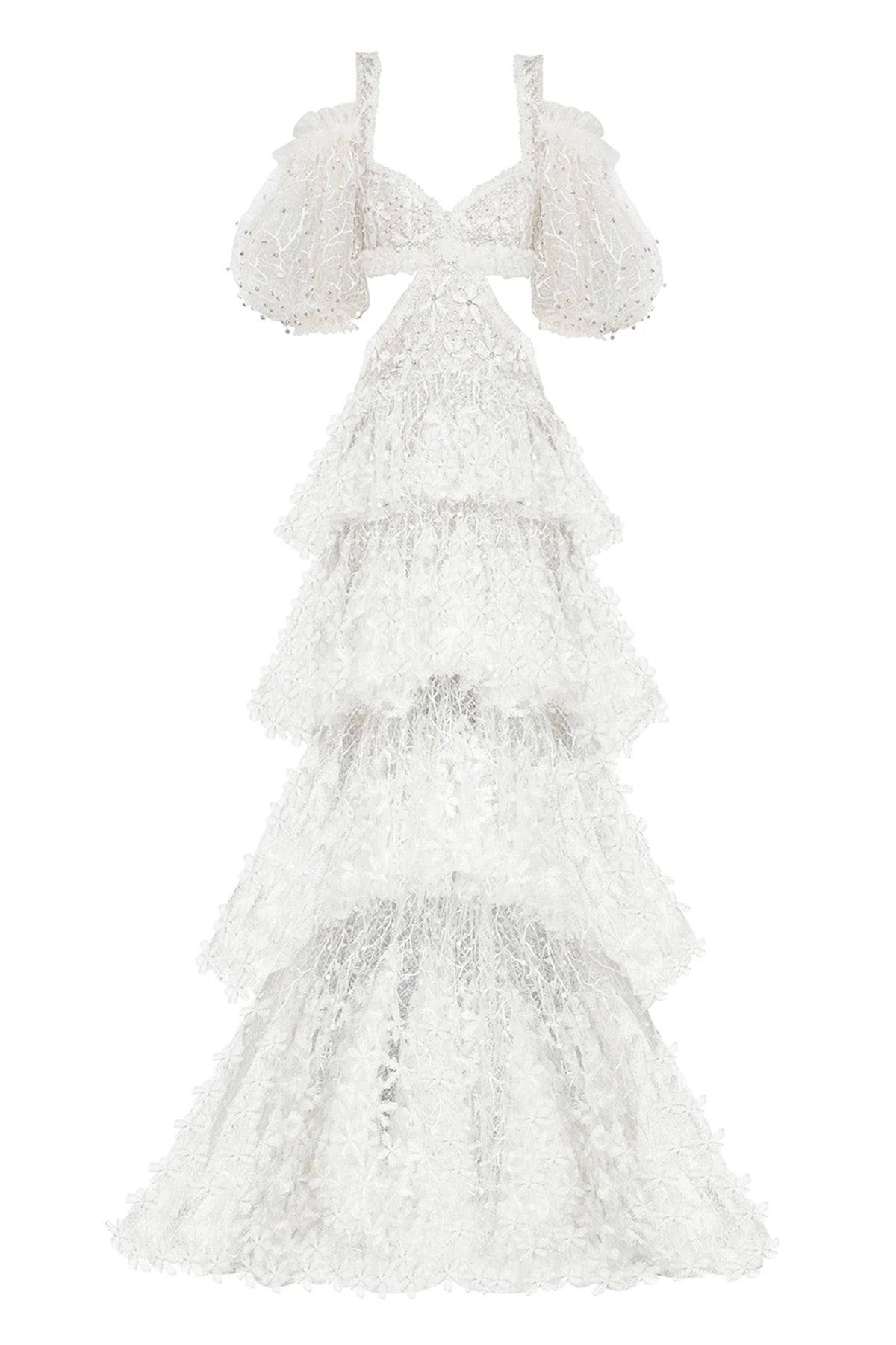 Haleia Çiçek Motifli Katlı Dantel Gelinlik