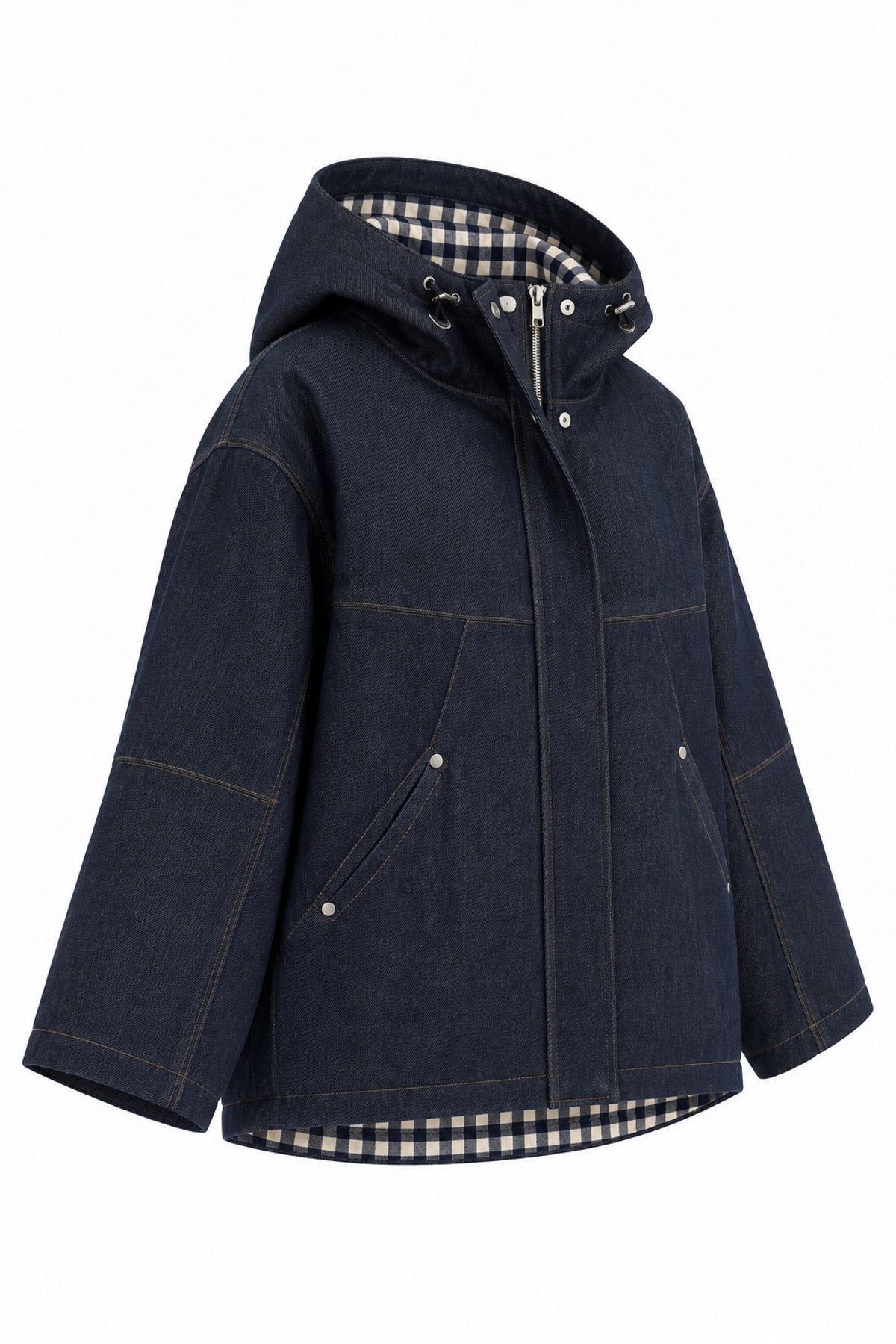Utopian Kapüşonlu Ekose Astar Detaylı Denim Mont görünüm 3