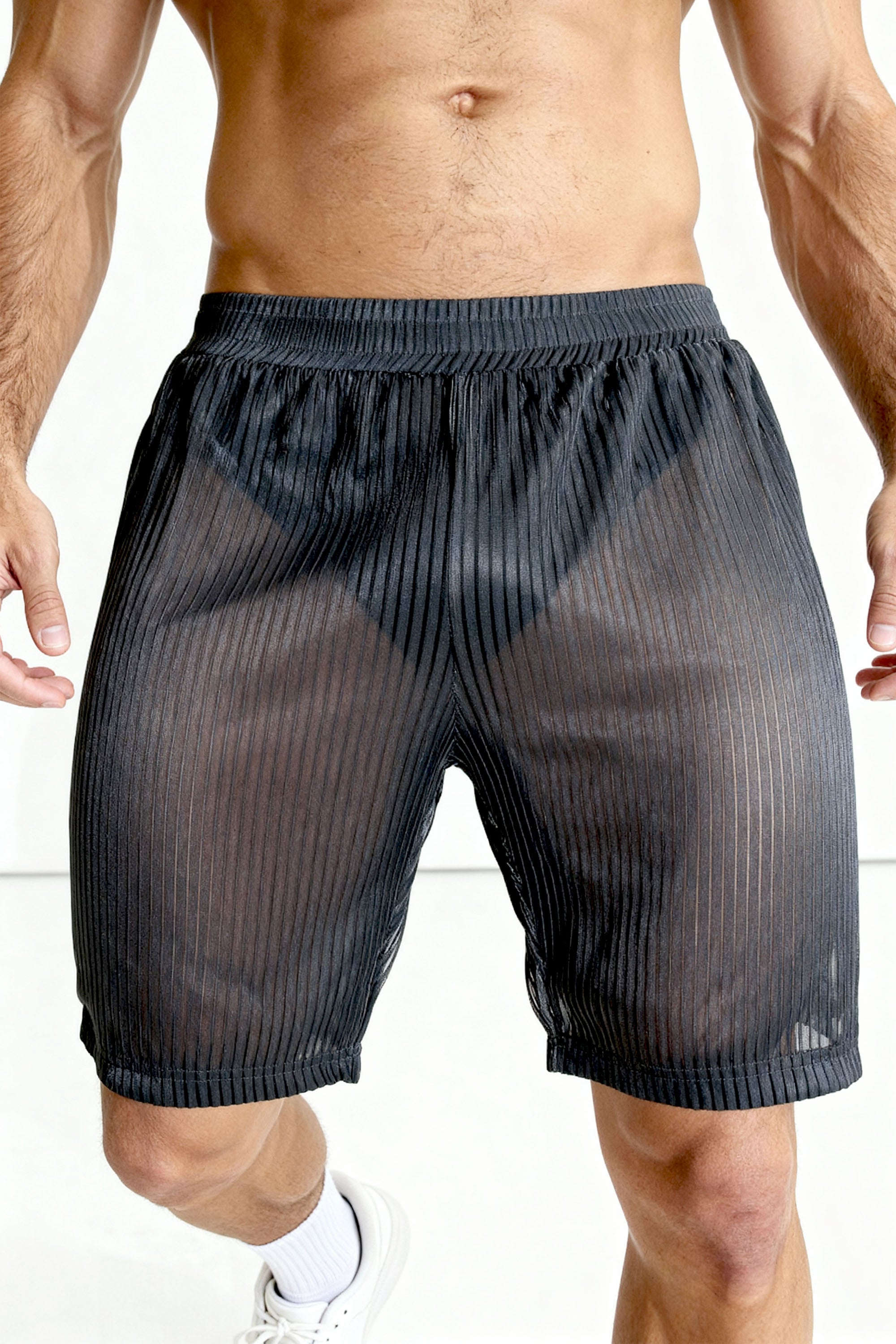 Piel Siyah Metalik Çizgili Transparan Mesh Şort