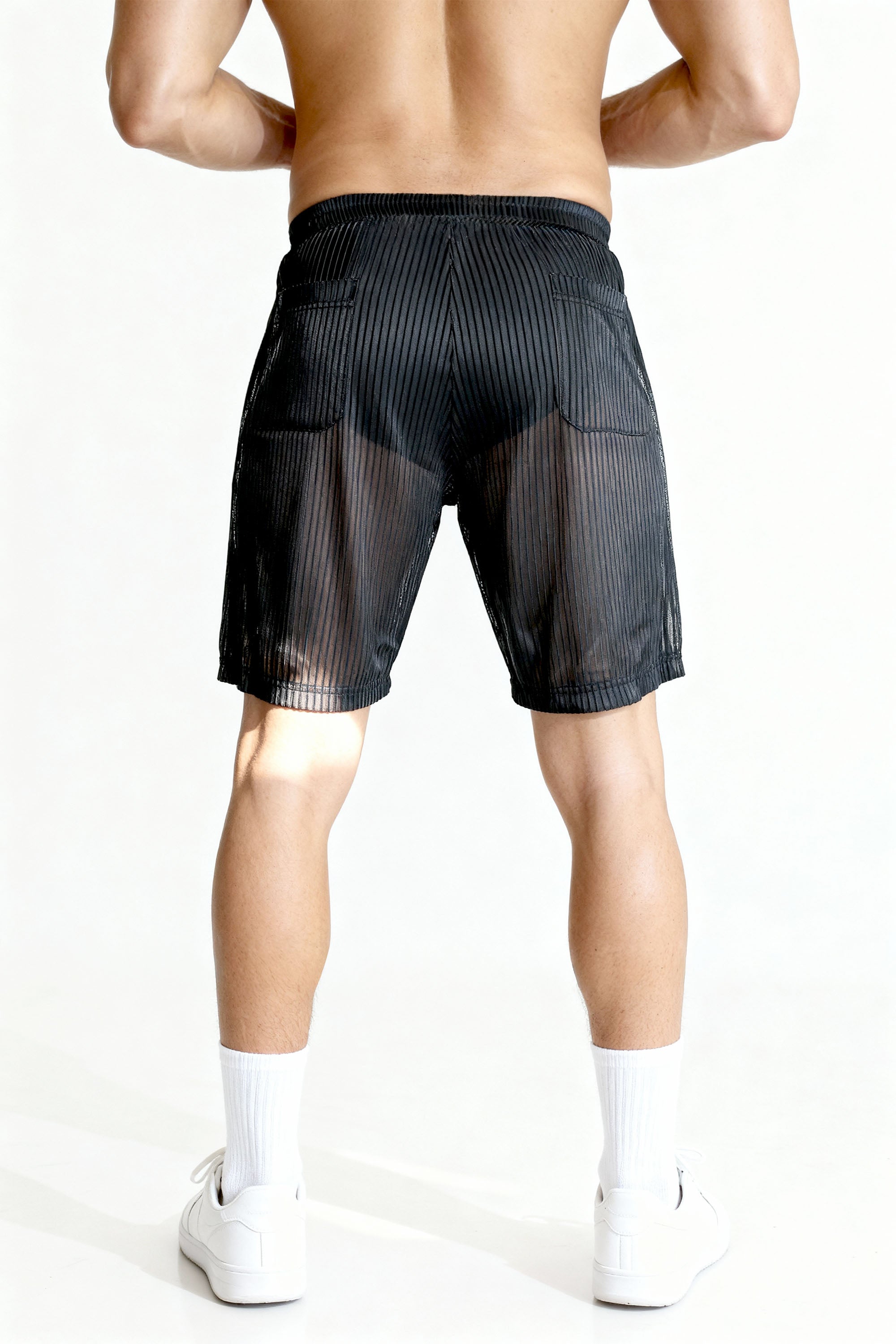 Piel Siyah Metalik Çizgili Transparan Mesh Şort