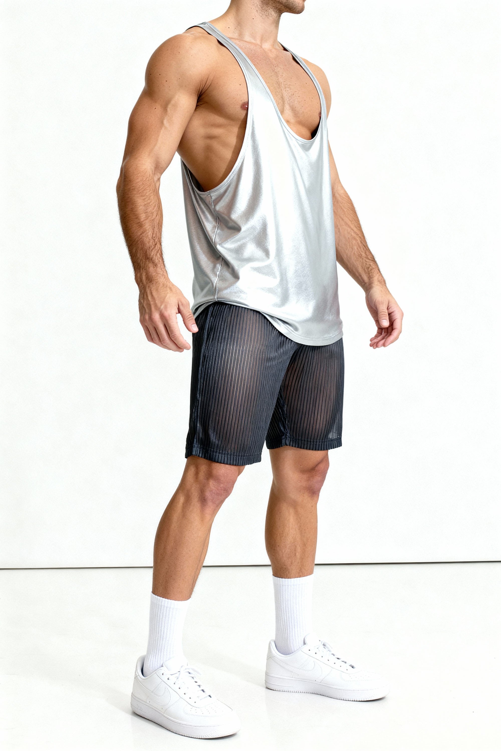 Piel Siyah Metalik Çizgili Transparan Mesh Şort